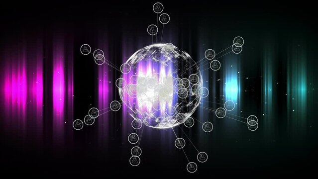 Animation of digital icons over spinning globe against pink and blue glowing light trails