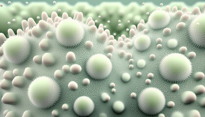 Abstract white and green background design with shapes and structures resembling microorganisms, cells, or bacteria. Suitable for biological and technological concepts. Generative AI.
 - obrazy, fototapety, plakaty
