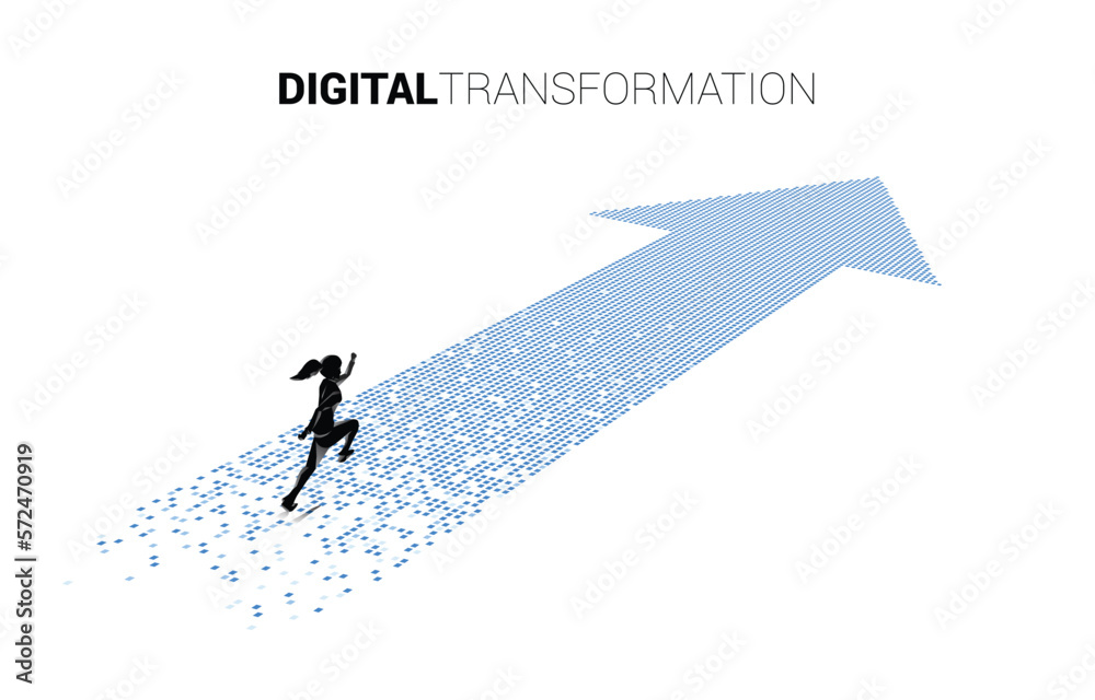 Poster silhouette of businesswoman running on the arrow from pixel. concept of digital transformation of bu