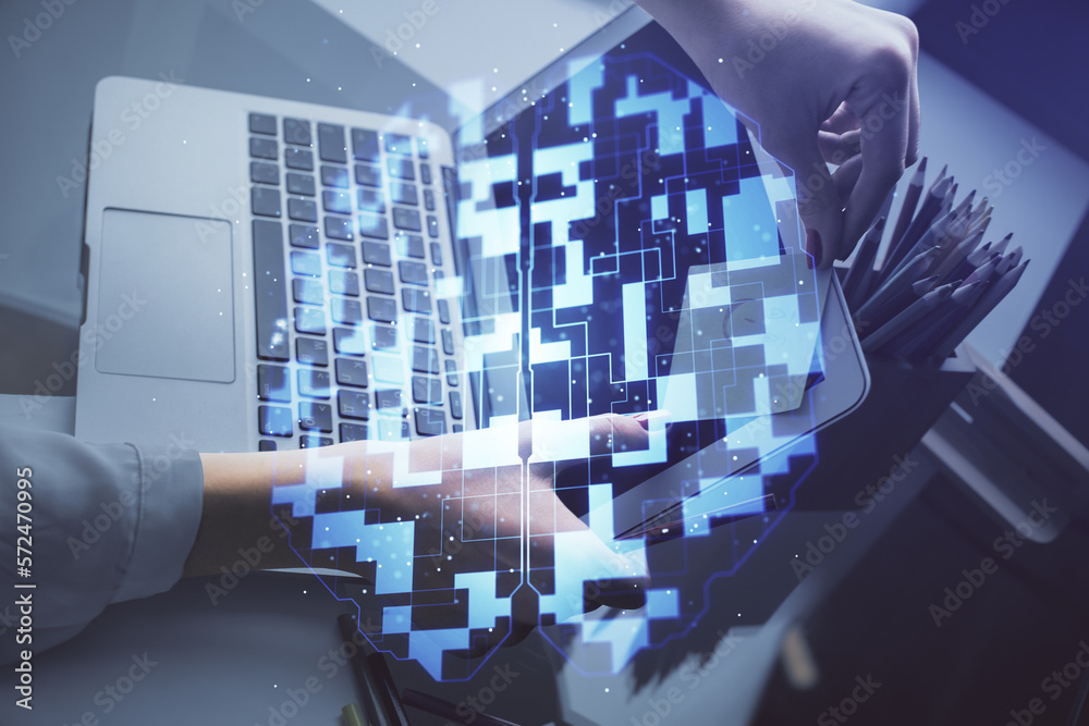 Aufkleber Multi exposure of woman hands working on computer and data theme hologram drawing. Tech concept.