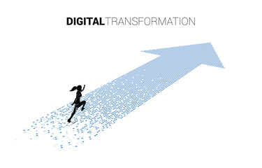 Naklejka premium Silhouette of businesswoman running on the arrow from pixel. concept of digital transformation of business.