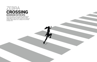 Silhouette of businesswoman running on zebra crossing. Concept of safe zone and business road map.