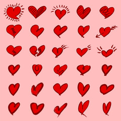 Fototapeta na wymiar Set of scribble red hearts icon.