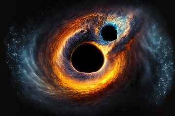 A galaxy encountering two black holes. Generative ai composite
