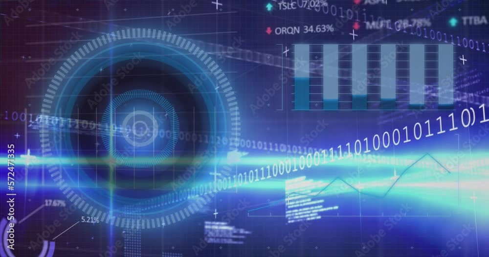Poster Animation of illuminated lines over programming language, binary codes, circles and trading board