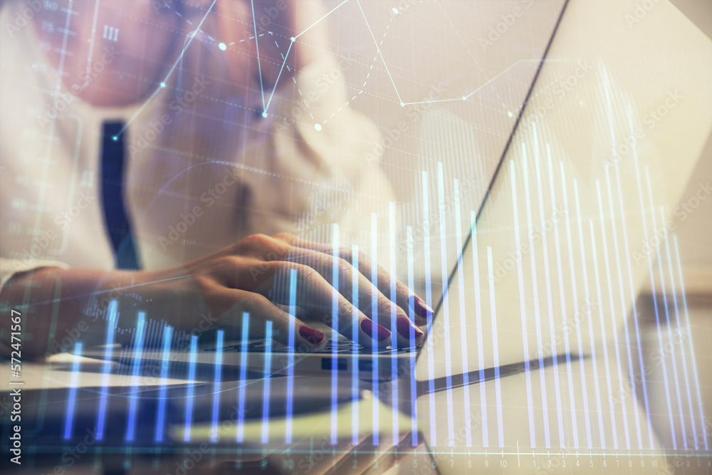 Poster multi exposure of woman hands typing on computer and financial graph hologram drawing. stock market 