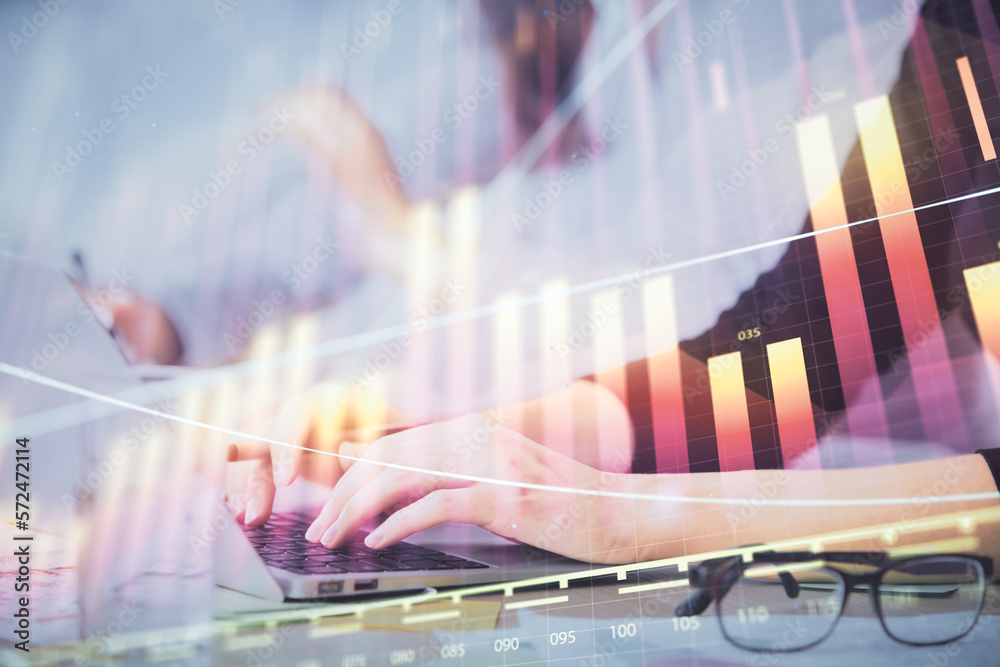 Poster multi exposure of woman hands typing on computer and financial graph hologram drawing. stock market 