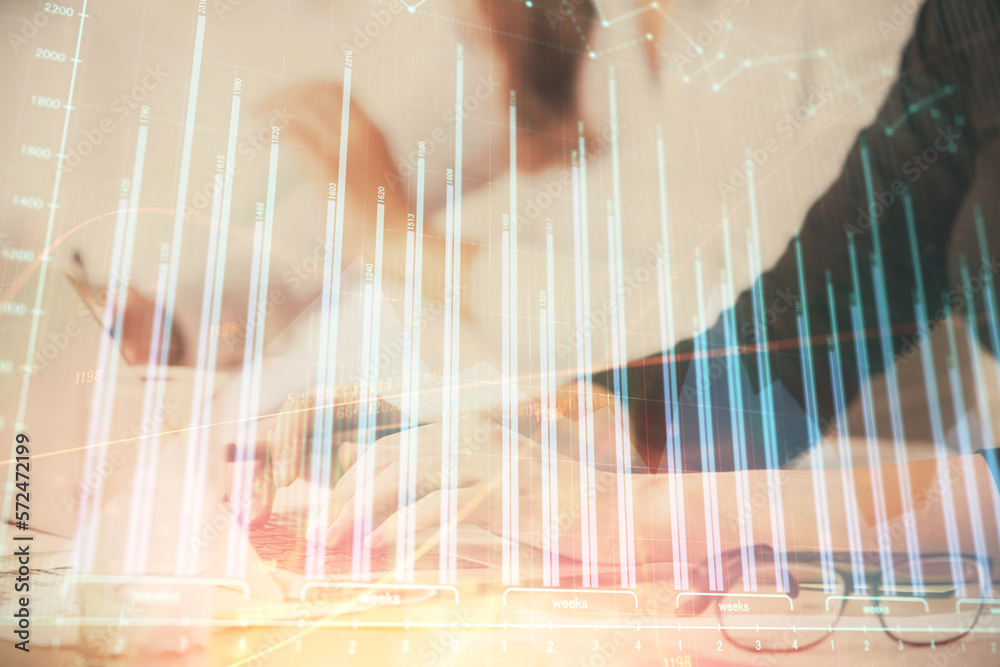 Poster multi exposure of woman hands typing on computer and financial graph hologram drawing. stock market 