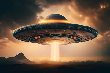 Fototapeta na wymiar UFO Landing from the Sky. ia Generative