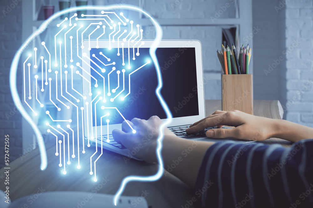 Poster double exposure of woman hands working on computer and brain hologram drawing. ai concept.