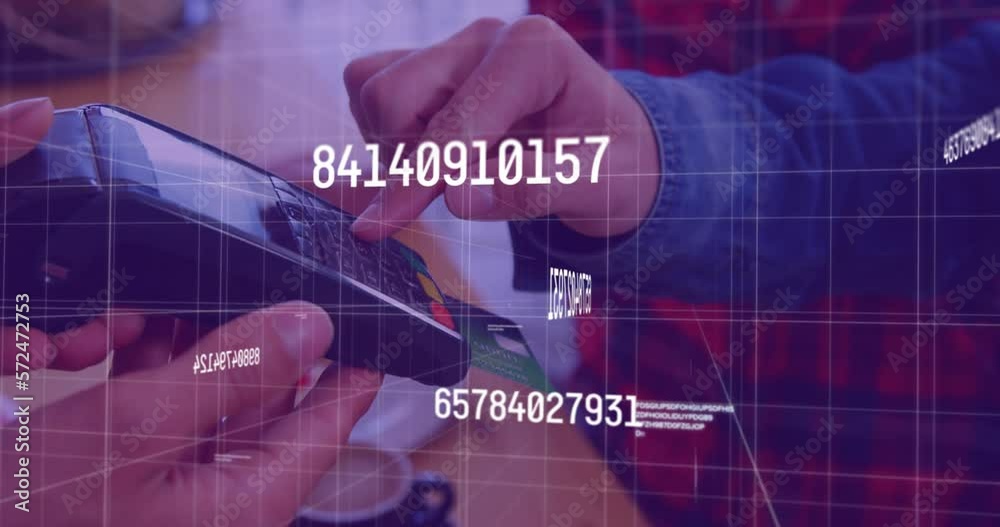 Poster animation of numbers and data processing over close up of a hand putting pin in card machine