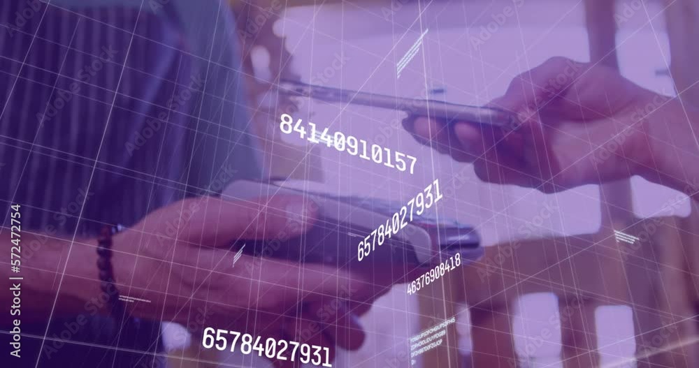 Poster animation of numbers and data processing over close up of a hand using phone to make a payment