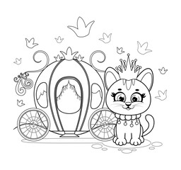 Coloring page. A little and cute kitten princess with crown near carriage