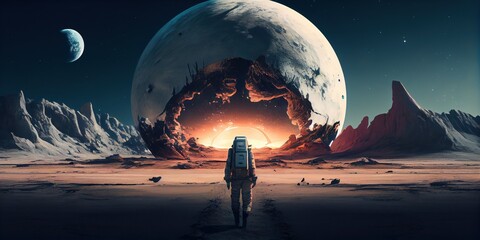 The astronaut standing on a planet with multiple moons is a symbol of discovery, wonder, and exploration. This illustration represents an astronaut's exploration of a new world, braving the unknown