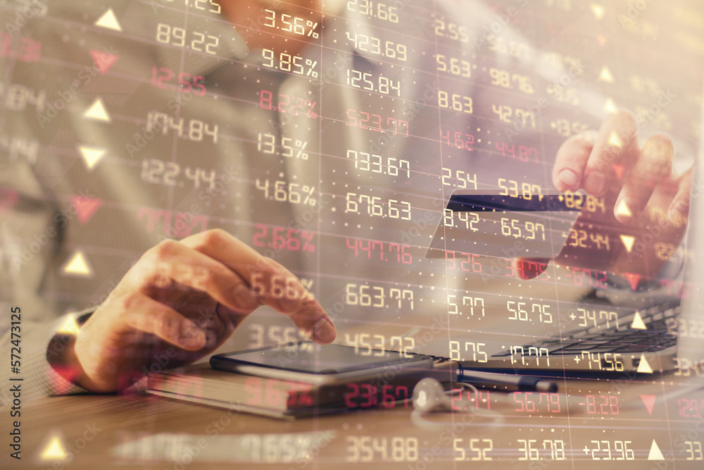 Poster double exposure of man hands holding a credit card and forex graph drawing. stock trading and digita