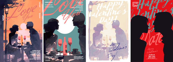 A couple on a date in a restaurant. Sunset. Kiss. Set of vector illustrations. Flat design. Typography. Background for a poster, t-shirt or banner.