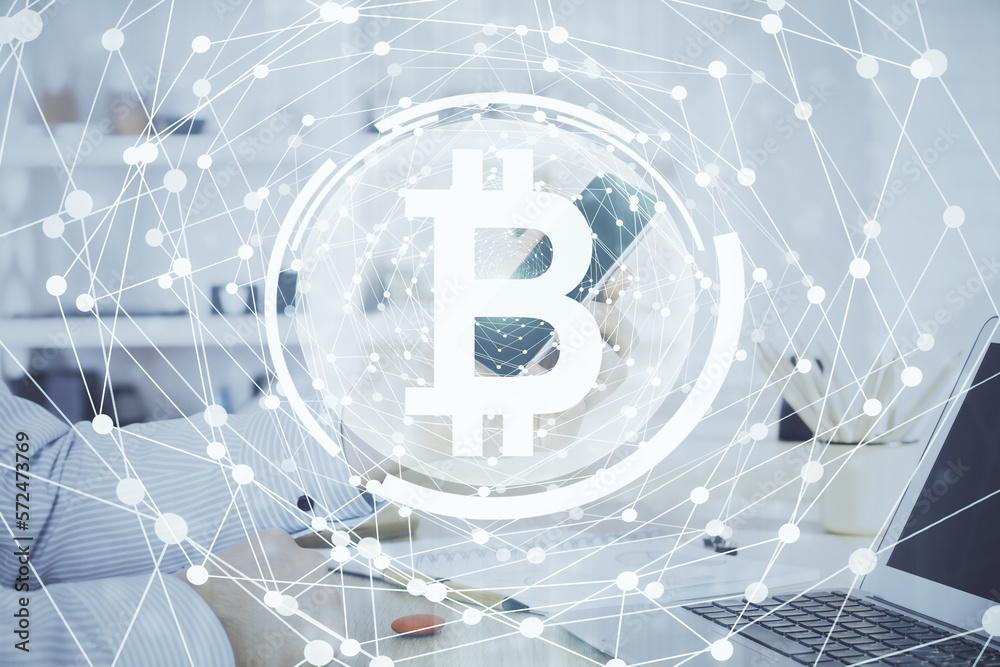 Poster Double exposure of man's hands holding and using a phone and crypto currency blockchain theme drawing.