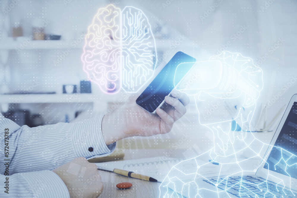 Poster double exposure of man's hands holding and using a digital device and ar glasses drawing. virtual re