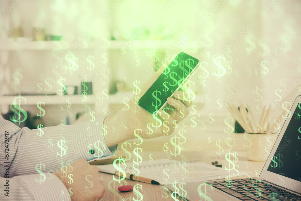 Aufkleber double exposure of man's hands holding and using a digital device and forex graph drawing. financial