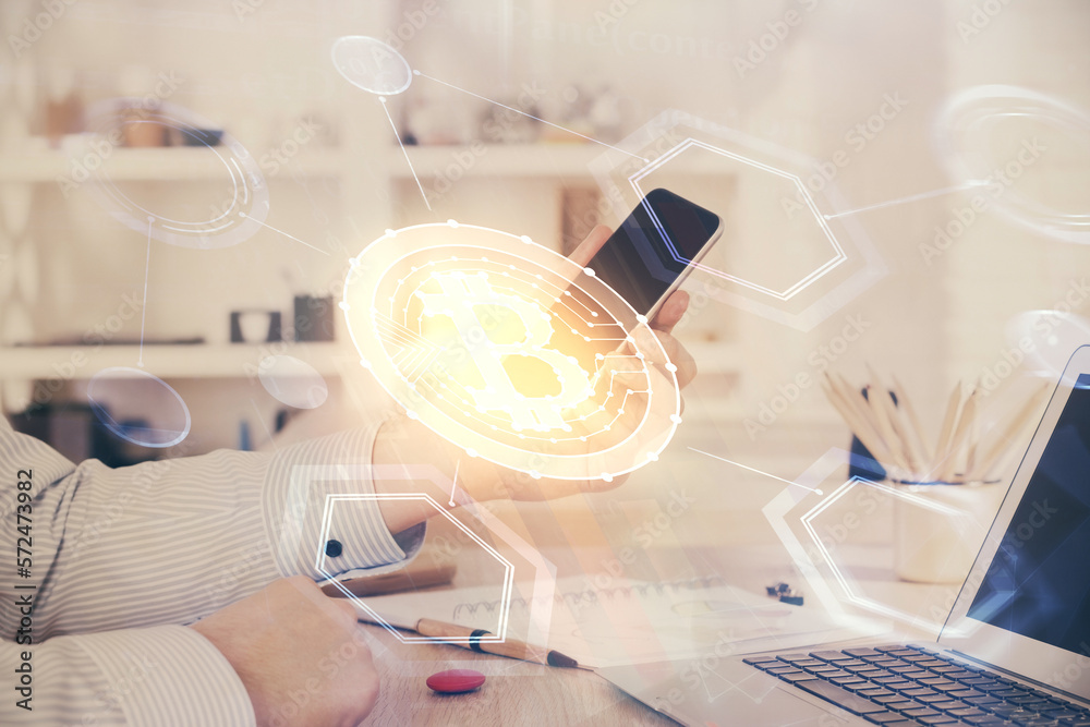 Poster double exposure of man's hands holding and using a phone and crypto currency blockchain theme drawin
