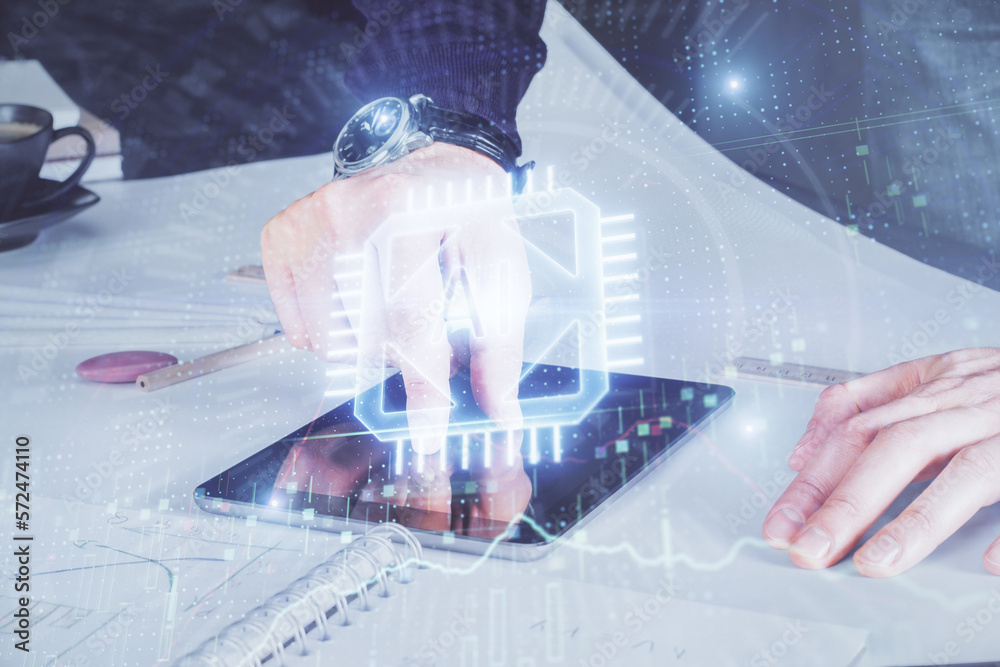 Poster Double exposure of man's hand holding and using a digital device and data theme drawing. Technology concept.