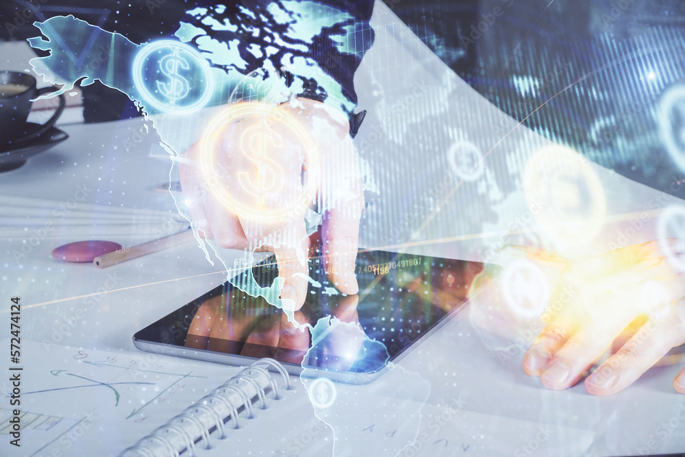 Poster double exposure of man's hands holding and using a digital device and forex graph drawing. financial
