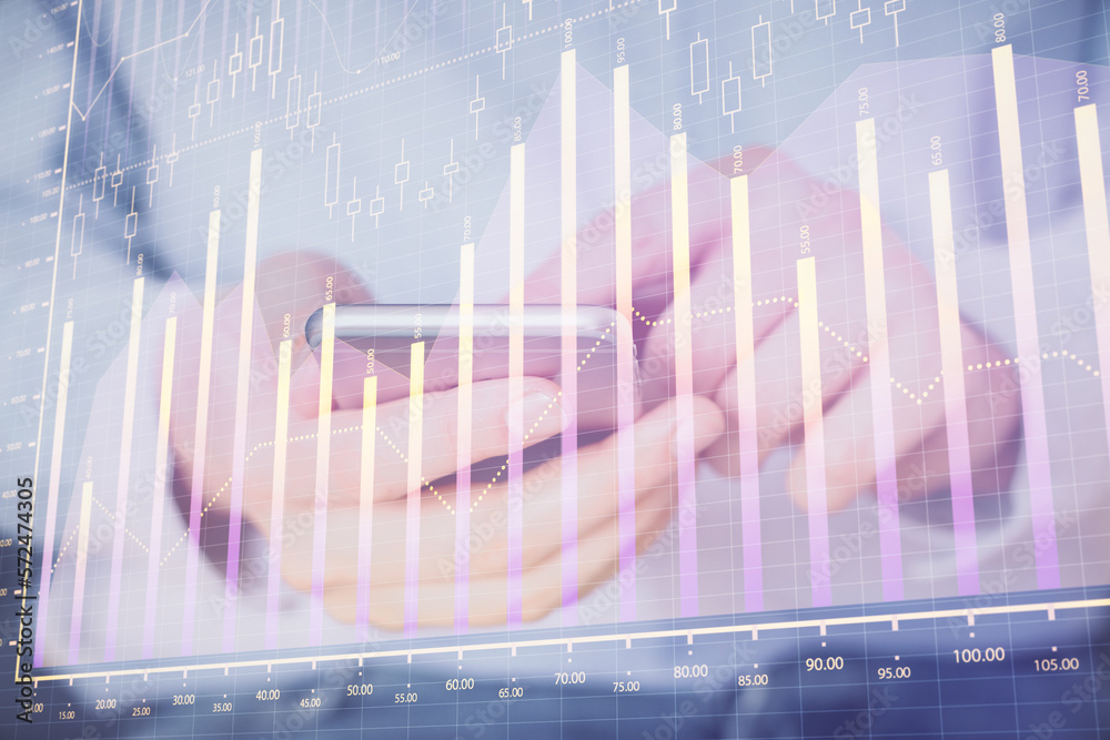 Poster double exposure of man's hands holding and using a digital device and forex graph drawing. financial