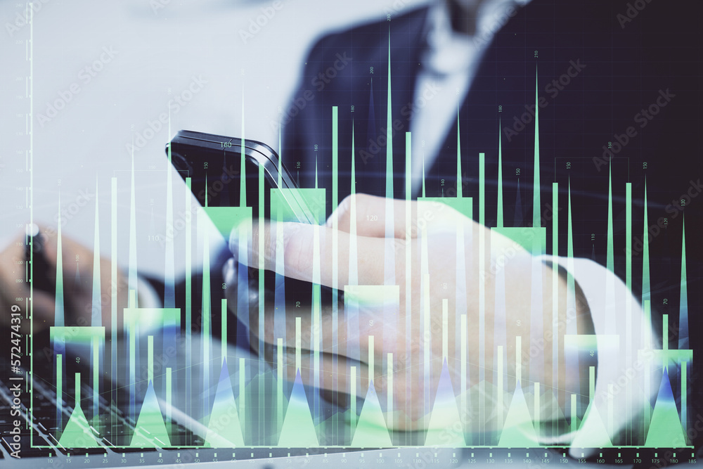 Poster multi exposure of man's hands holding and using a digital phone and forex graph drawing. financial m