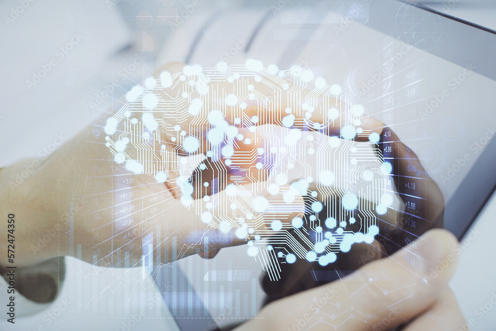 Poster Double exposure of man's hand holding and using a digital device and brain hologram drawing. Data concept.