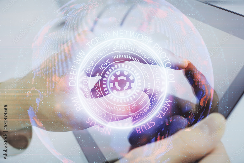 Poster Double exposure of man's hands holding and using a digital device and tech theme hologram drawing. Technology concept.