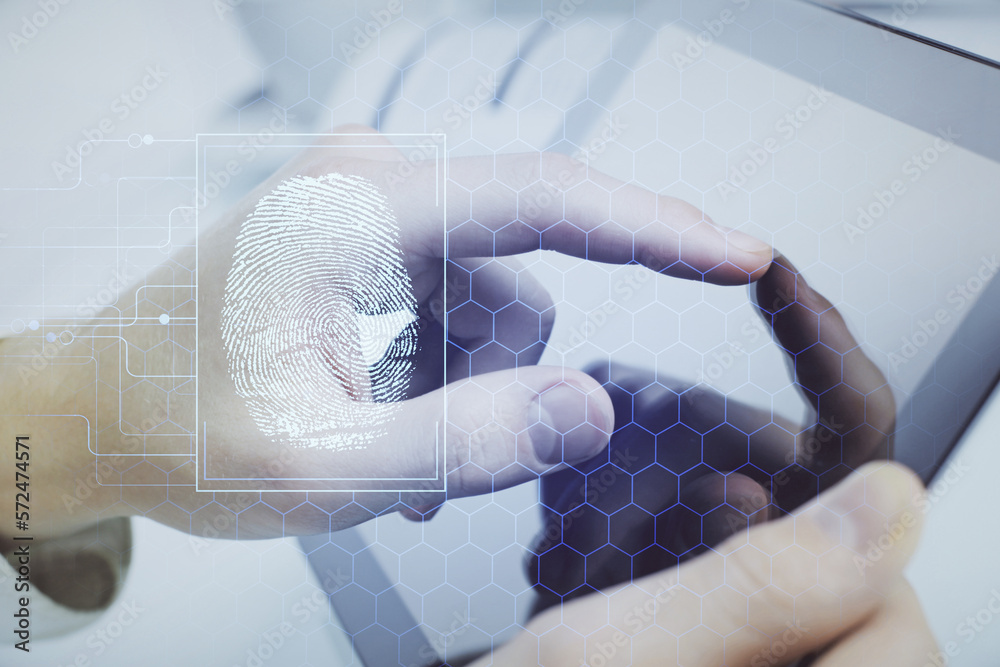 Poster double exposure of man's hands holding and using a digital device and fingerprint hologram drawing. 