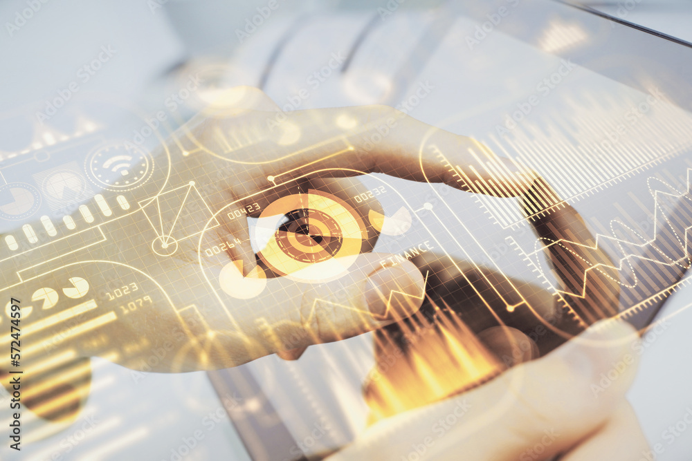 Poster double exposure of man's hands holding and using a digital device and tech theme hologram drawing. t
