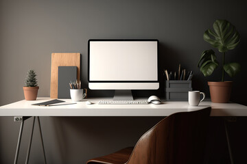 Home office desk with desktop computer screen in blank for copy space. Modern dark background. Generative AI illustration