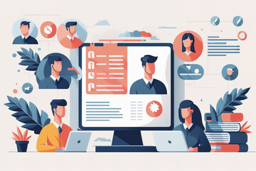 Conceptual chart of virtual team communication, project management. Flat design Generative AI illustration