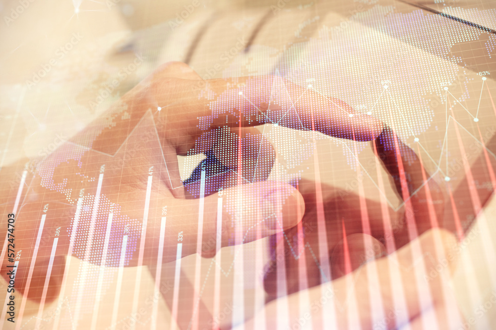 Poster multi exposure of man's hands holding and using a phone and financial chart drawing. market analysis