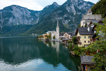 Fototapeta na wymiar Scenic Postcard View of Hallstatt Mountain Village in Austrian Alps , Salzkammergut Region, Austria