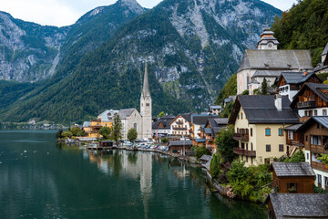 Naklejka premium Scenic Postcard View of Hallstatt Mountain Village in Austrian Alps , Salzkammergut Region, Austria