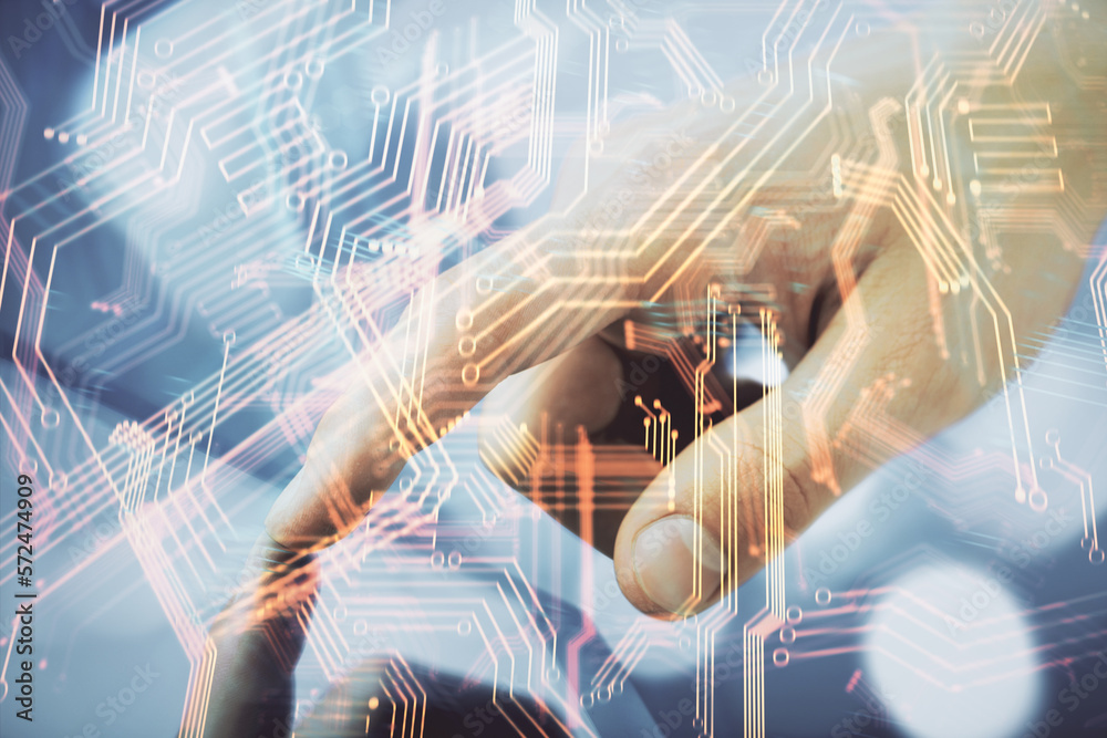 Poster Double exposure of man's hands holding and using a digital device and tech theme hologram drawing. Technology concept.