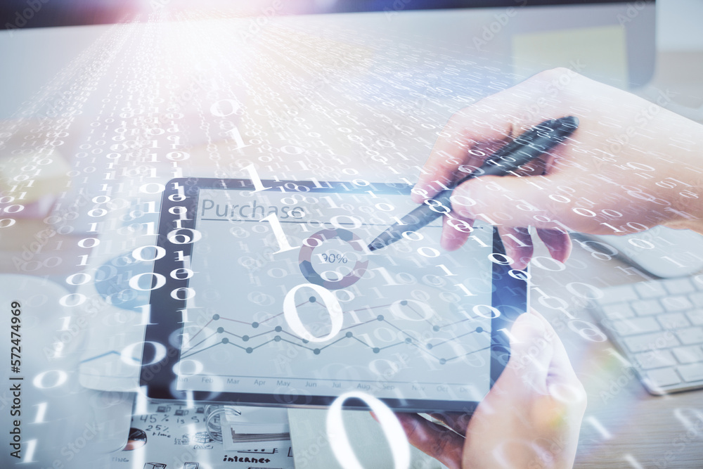 Poster Multi exposure of man's hands holding and using a digital device and data theme drawing. Innovation concept.