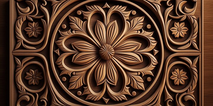 3d Wooden pattern Panel , With java Wooden carving Background For Wall, Carved into wooden with Abstract motif by ai generative