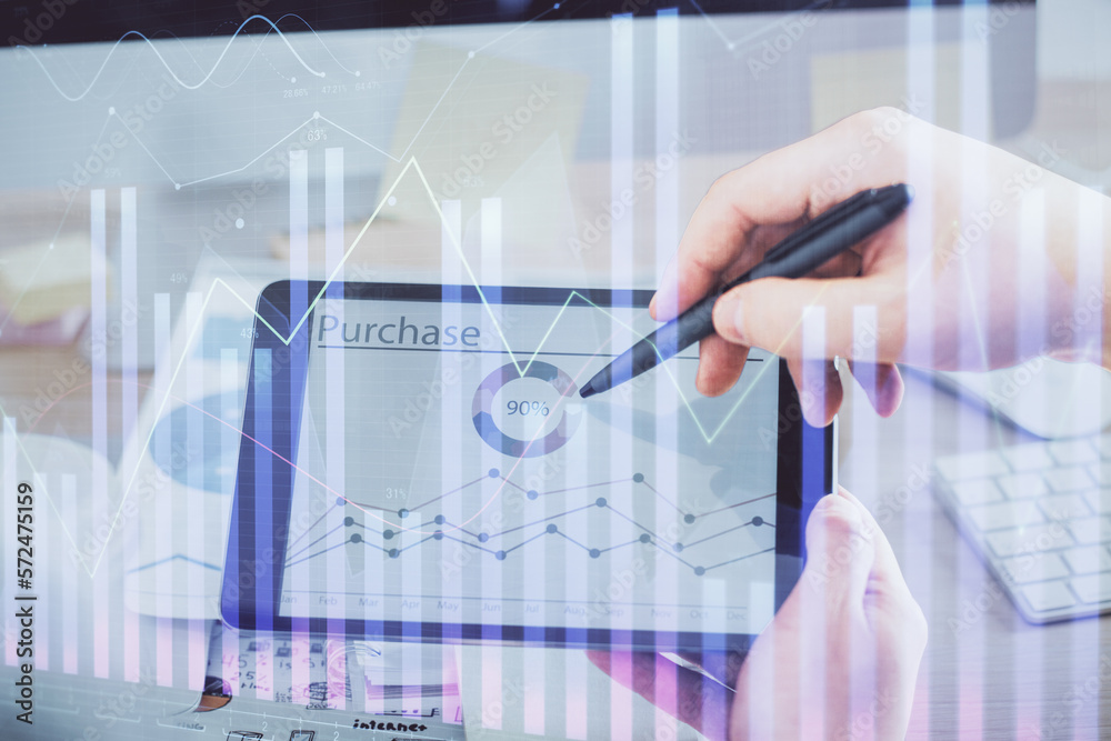 Poster double exposure of man's hands holding and using a phone and financial chart drawing. market analysi
