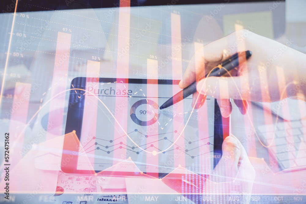Poster double exposure of man's hands holding and using a phone and financial chart drawing. market analysi
