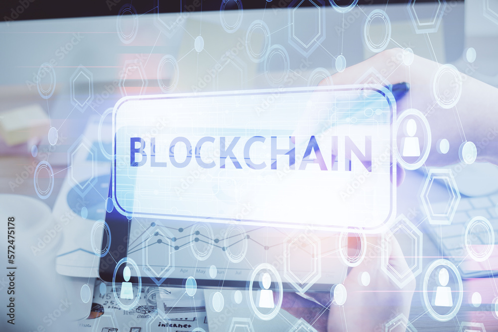 Poster double exposure of man's hands holding and using a phone and crypto currency blockchain theme drawin