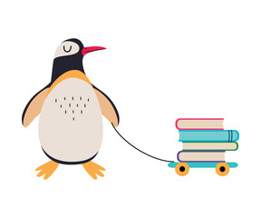Cute baby penguin pulling cart full of books. Funny smart wild animal character with books. Kids education cartoon vector illustration