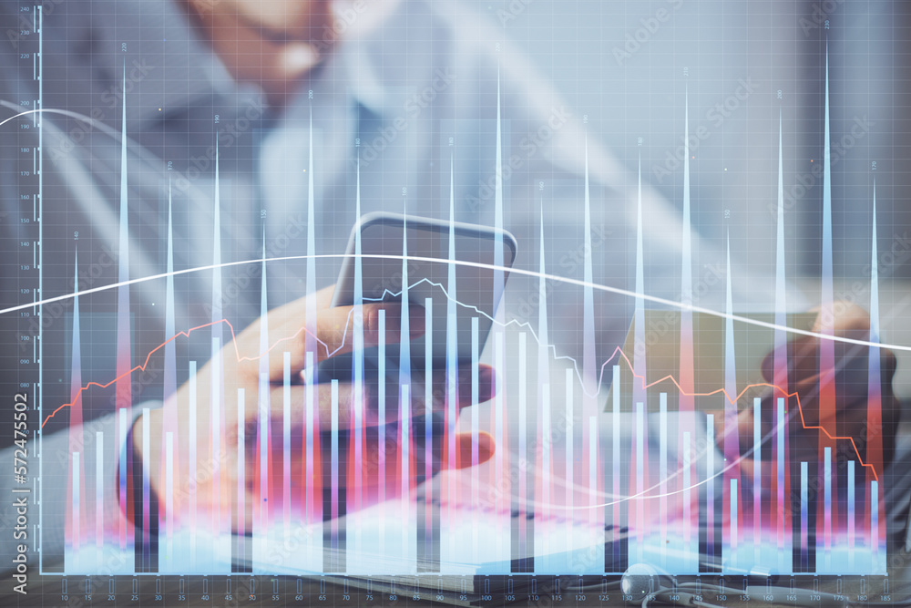 Poster Double exposure of man's hands holding and using a phone and financial graph drawing. Analysis concept.