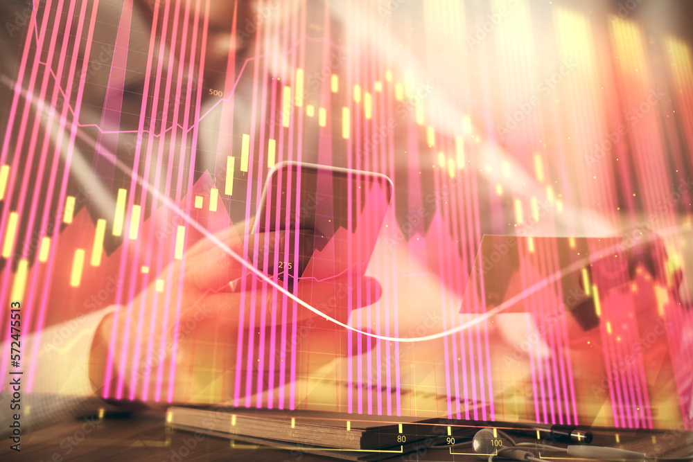 Poster Double exposure of man's hands holding and using a phone and financial graph drawing. Analysis concept.