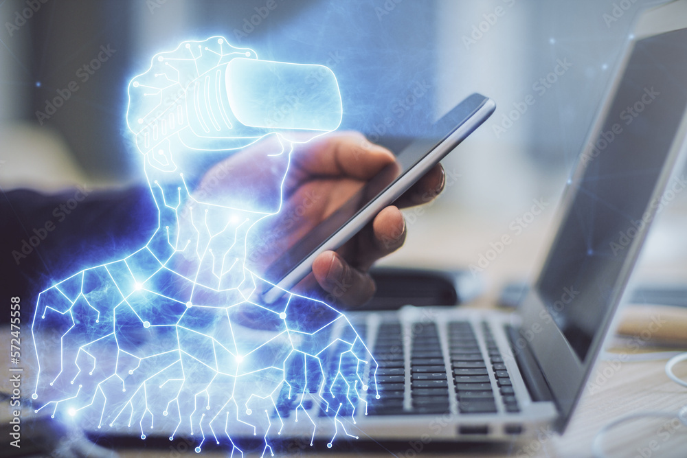 Poster double exposure of man's hands holding and using a digital device and ar glasses drawing. virtual re