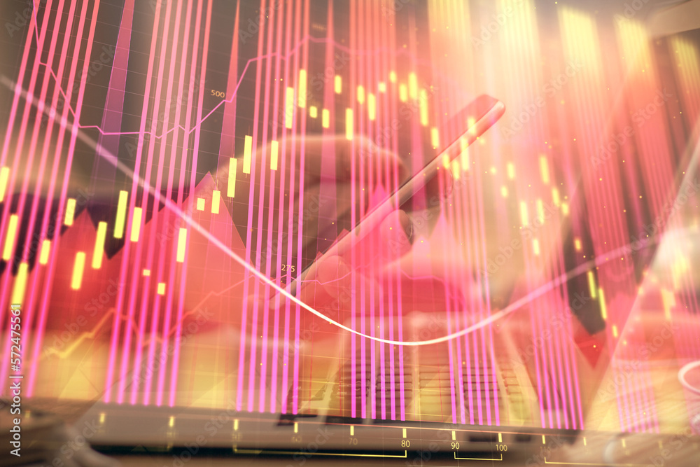 Poster Double exposure of man's hands holding and using a phone and financial graph drawing. Analysis concept.