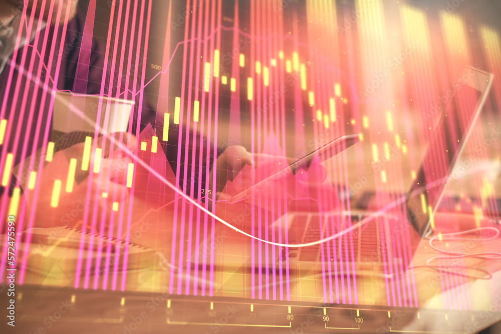 Poster double exposure of man's hands holding and using a phone and financial graph drawing. analysis conce