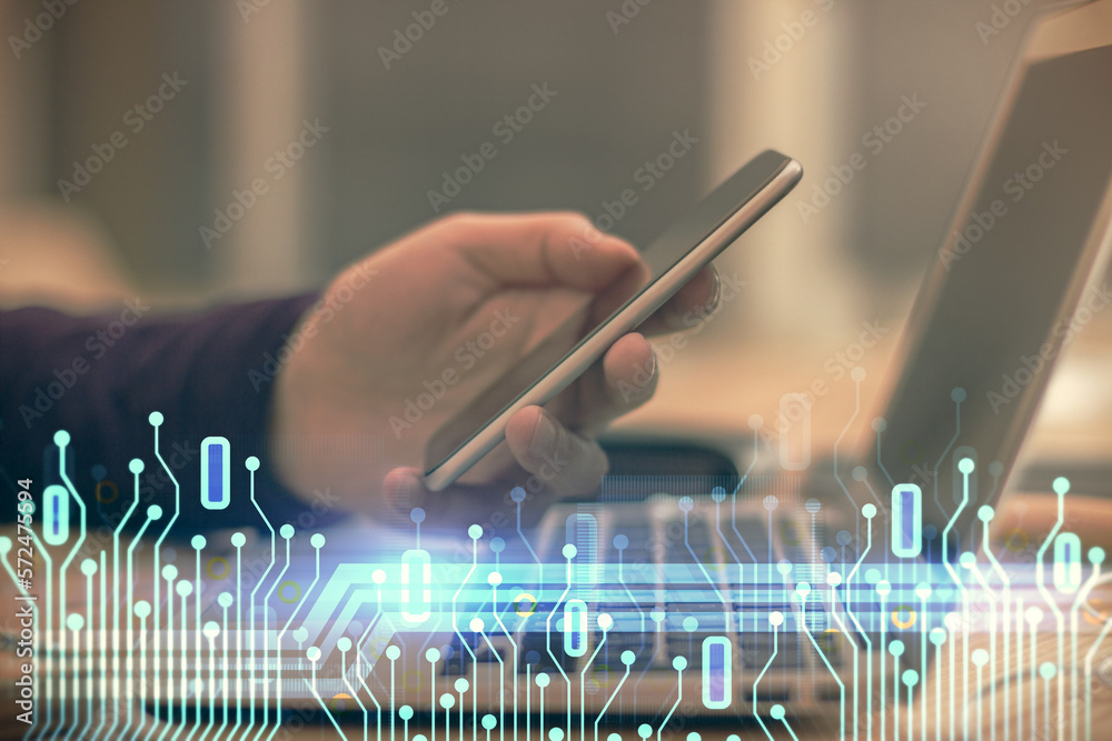 Poster Multi exposure of man's hands holding and using a digital device and data theme drawing. Innovation concept.